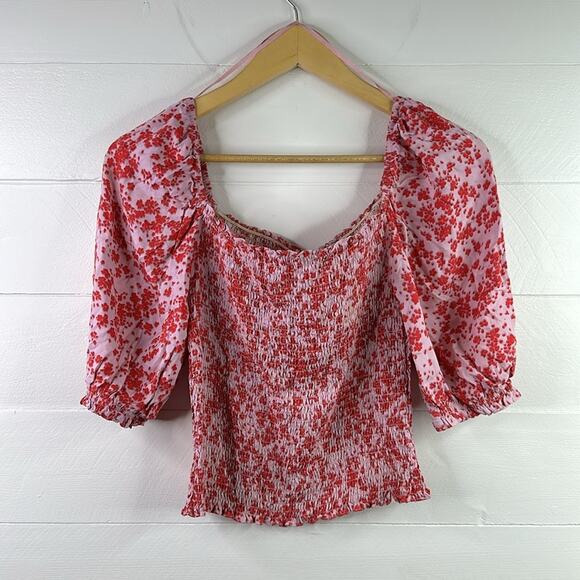 CUPCAKES & CASHMERE Pink Floral Off Shoulder Puffy Sleeves Top Blouse Small - Picture 2 of 11